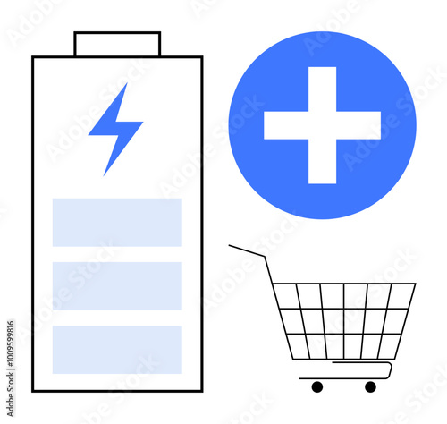 Battery with lightning bolt and health symbol alongside a shopping cart outline. Ideal for charging, renewal, healthcare, shopping, modern retail themes. Simple and clean style