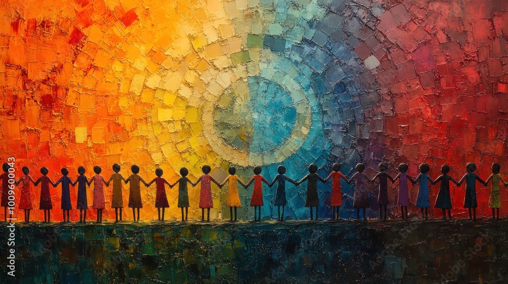 Colorful mural depicting unity among diverse figures holding hands. Colorful mural depicting unity among diverse figures holding hands.