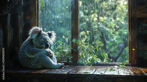   Koala resting on window ledge while gazing at outdoor tree line photo