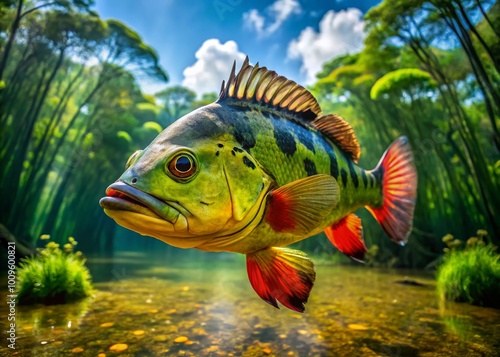 Vibrant Xingu Peacock Bass Swimming Gracefully in Clear Tropical Waters of the Amazon River Basin photo