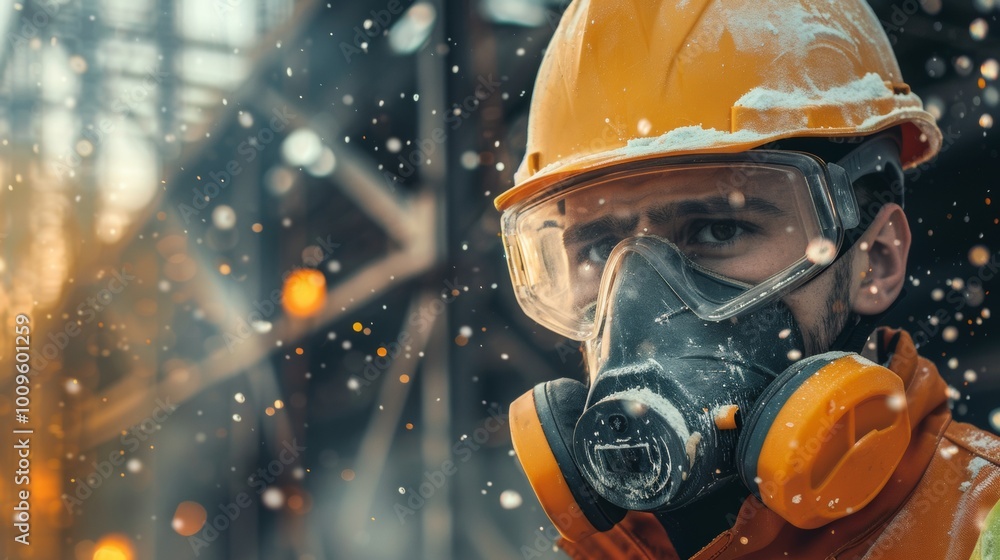 worker with helmet and mask in an industry worker with helmet and mask in an industry