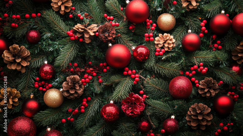 Red and gold ornaments among pine branches and cones create festive holiday decor Red and gold ornaments among pine branches and cones create festive holiday decor