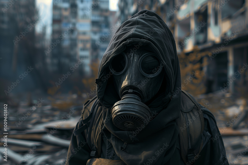 A character in a gas mask and hood stands against the backdrop of an destroyed city. A character in a gas mask and hood stands against the backdrop of an destroyed city.