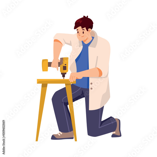 Man Character Assemble Furniture with Drill as DIY Home Repair Work Vector Illustration