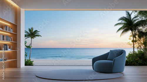 A cozy reading nook with a stunning ocean view at sunset, perfect for relaxation and enjoying nature's beauty