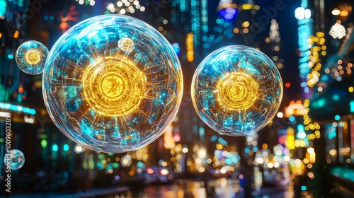 Wallpaper Mural Futuristic 3D web components float in vibrant virtual cityscape, illuminated by colorful lights and reflections. scene evokes sense of wonder and innovation Torontodigital.ca