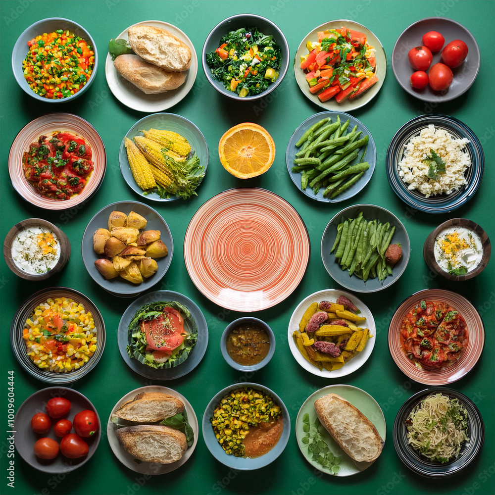 Colorful Dishes Arranged on Dark Green Colorful Dishes Arranged on Dark Green