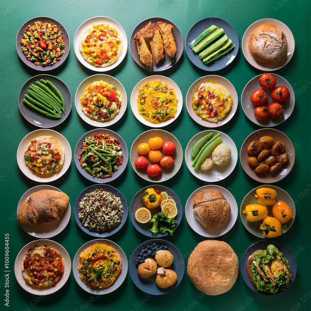 Colorful Dishes Arranged on Dark Green Colorful Dishes Arranged on Dark Green