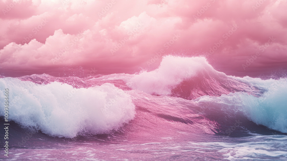 Fototapeta premium Serene pink waves dance under a colorful sunset sky, creating a tranquil ocean vista
