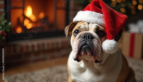 Cute realistic English Bulldog dog with Santa cap on a warm Christmas background looking in camera, only top of body, detailed photo