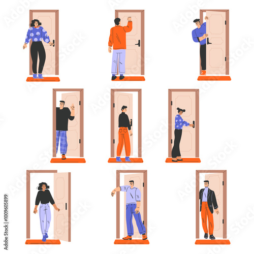 People Character at the Door as Home Entrance Vector Set