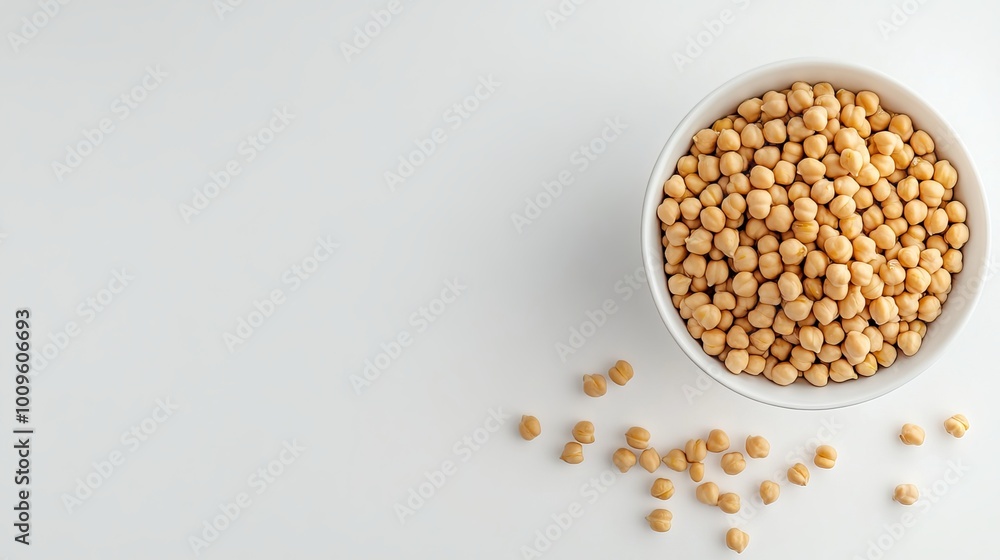 A white bowl overflowing with garbanzo beans sits next to a mound of loose beans on a stark white backdrop. A white bowl overflowing with garbanzo beans sits next to a mound of loose beans on a stark white backdrop.