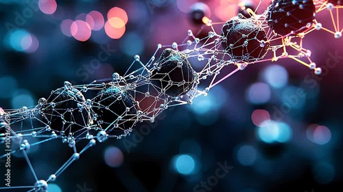 Futuristic Molecular Structure with Glowing Connections and DNA Chain photo