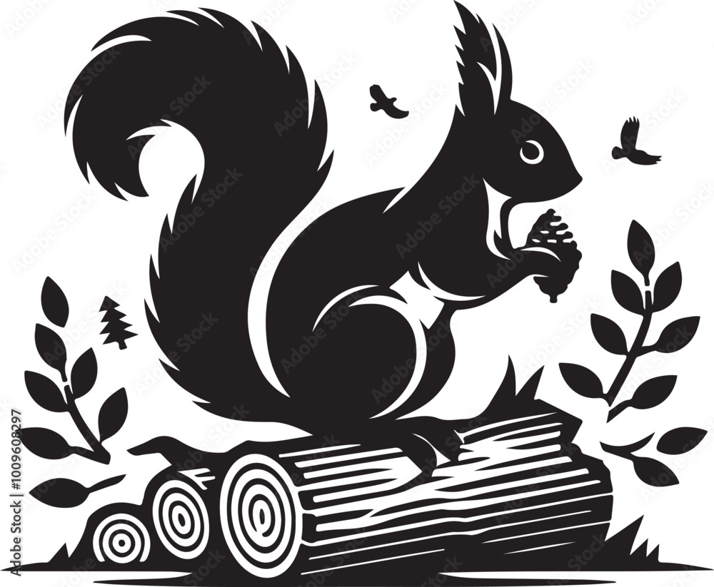 A black squirrel with a roundeye and long tail on white background A black squirrel with a roundeye and long tail on white background