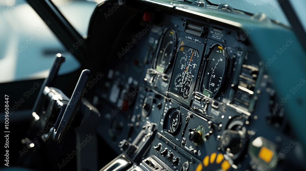 Obraz premium Aircraft cockpit controls and instruments.