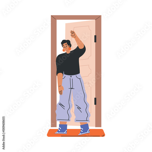 Woman Character at the Door as Home Entrance Waving Hand Vector Illustration