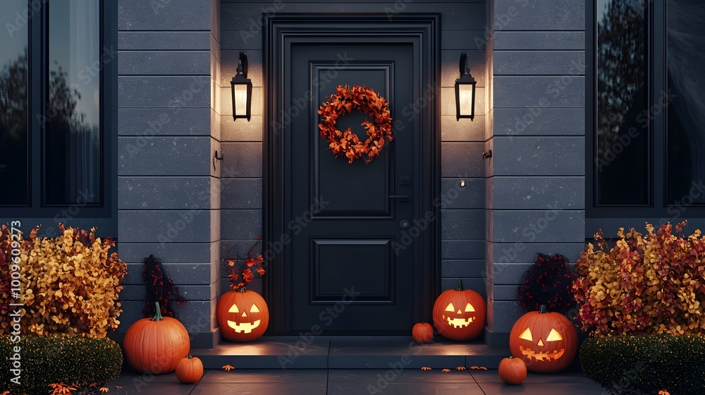 Obraz premium Pumpkins and festive wreath decorate the front porch for Halloween. Jack o' lanterns and seasonal decor in yard of American home. Autumn holiday background