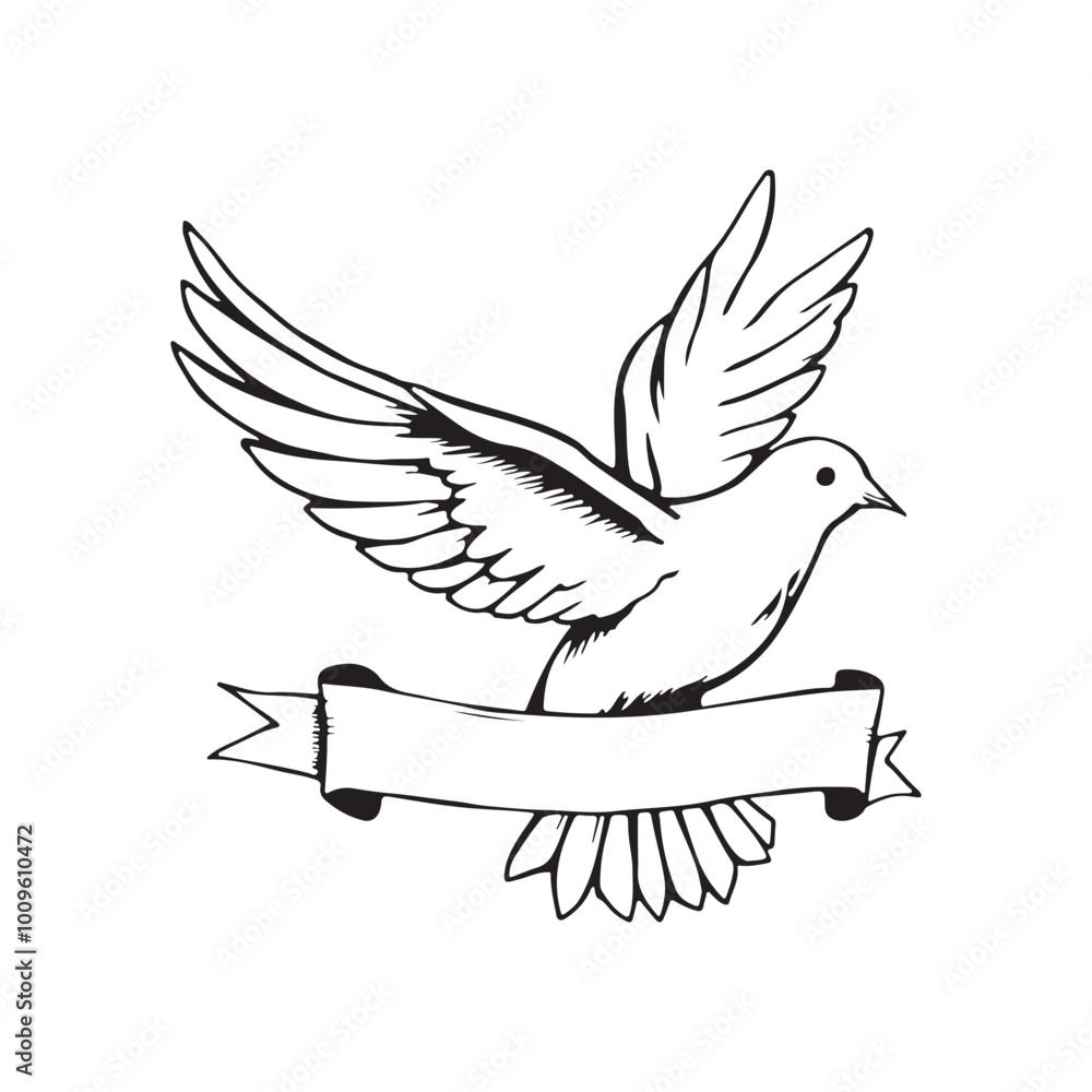Obraz premium Dove flying with ribbon banner outline illustration on white background