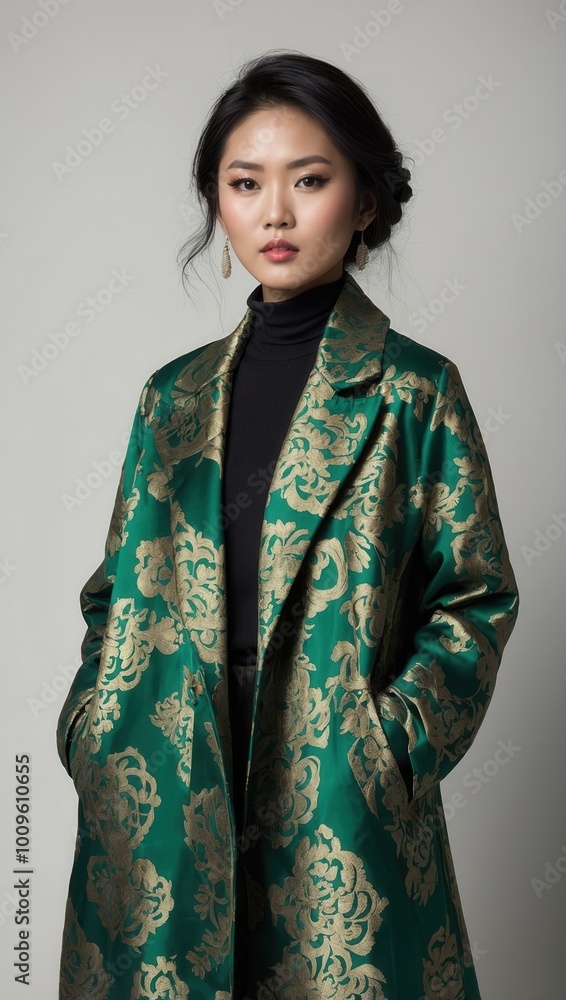Fashion portrait of woman in embellished green coat with short hair, neutral expression Fashion portrait of woman in embellished green coat with short hair, neutral expression