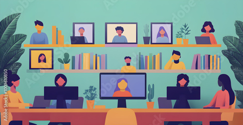 A group of people are working together in a room with a lot of bookshelves