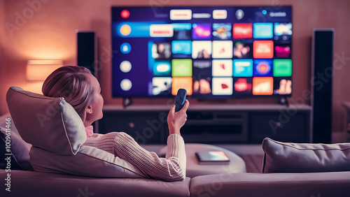 Woman Accessing OTT Content on Smart TV at Home