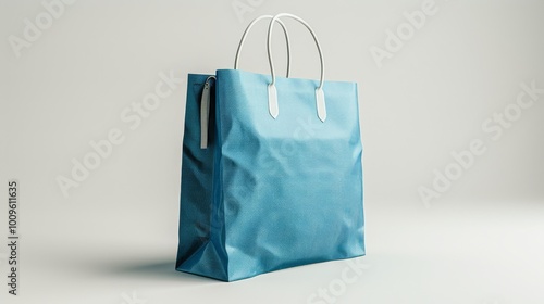 A blue shopping bag with white handles sits on a white background.