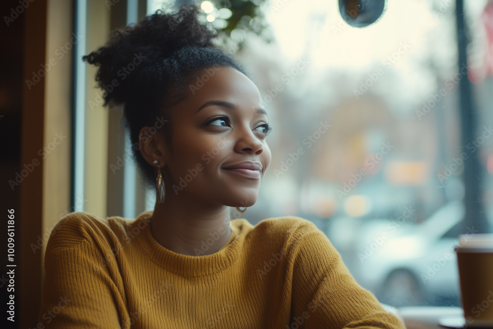 Obraz premium Black woman smiling thoughtfully at a cafe window