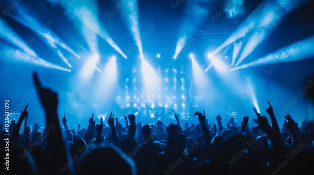 A large crowd of people at a concert, with their hands raised in the air, silhouetted against bright stage lights. A large crowd of people at a concert, with their hands raised in the air, silhouetted against bright stage lights.