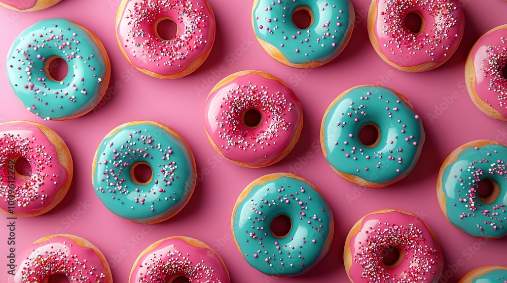 A pink and blue surface features a row of colorful doughnuts topped with sparkling sprinkles A pink and blue surface features a row of colorful doughnuts topped with sparkling sprinkles