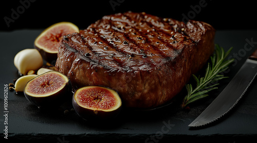 Juicy Tomahawk Steak with Rosemary and Fresh Figs photo