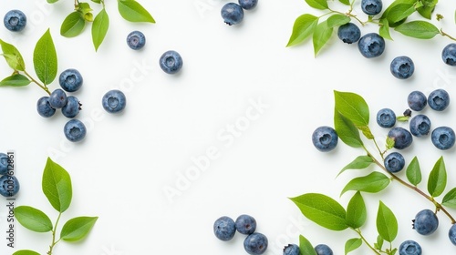 Blueberries and green leaves arranged in a frame on a white background.