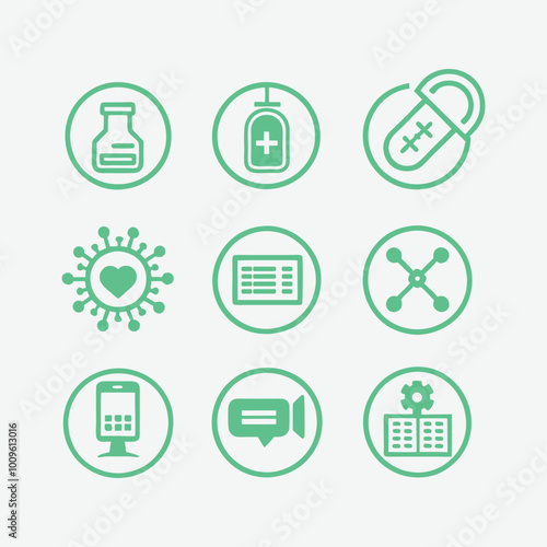 Medical and Healthcare Icons Vector Illustration with Flask, Dropper, Pills, Virus, ECG Heart Rate Monitor, Molecular Structures, IV Bag, Medical Speech Bubbles, Pollen or Virus Particles