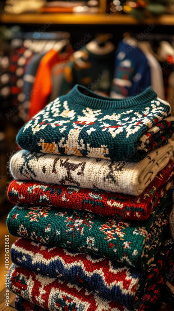 Stack of folded Christmas sweaters with festive patterns displayed in a store Stack of folded Christmas sweaters with festive patterns displayed in a store