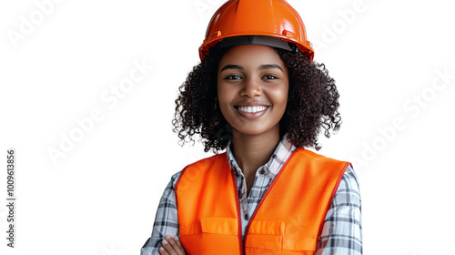 A smiling female construction worker wearing a yellow hard hat stands confidently on a job site, showcasing her role in the industry photo