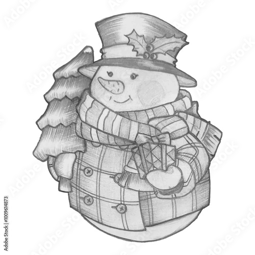 Vector illustration. Hand drawn snowman with a Christmas tree and a gift in his hands. Isolated on white pencil drawing. Sketch. Children's drawing.