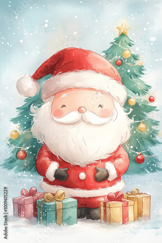 Cute cartoon Santa Claus standing in the snow with a decorated Christmas tree and colorful presents, celebrating the festive holiday season with a cheerful expression
