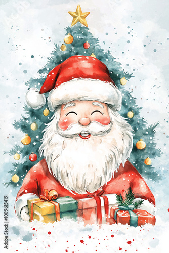 Watercolor illustration of Santa Claus holding gifts in front of a decorated Christmas tree