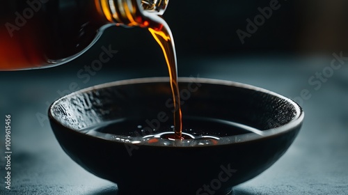 Delectable soy sauce is expertly poured from a bottle into a bowl, casting an appetizing sight on the black table. The close-up perspective captures the essence of this culinary moment.  photo