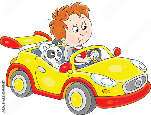 Happy little boy and his puppy playing in a toy sports car on a playground in a park, vector cartoon illustration on a white background