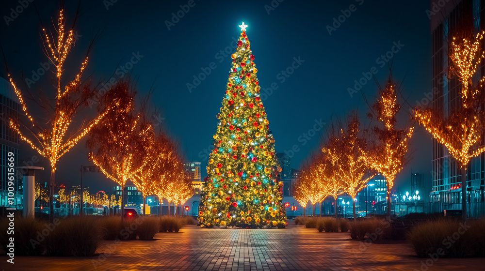 Illuminated Christmas tree in the town square. AI Generated Illuminated Christmas tree in the town square. AI Generated