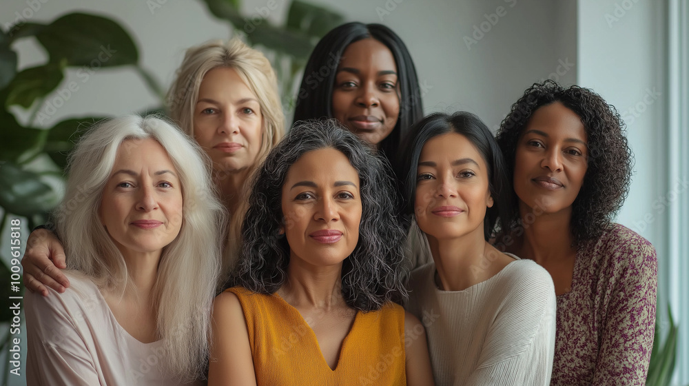 Obraz premium Group of diverse women of different ages and ethnicities smiling together in a natural setting