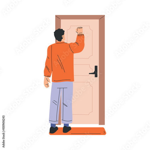 Man Character Knocking at the Door as Home Entrance Vector Illustration