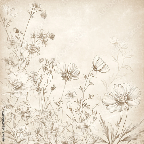 Wallpaper Mural Vintage floral illustration with delicate flowers and leaves on a beige textured background Torontodigital.ca