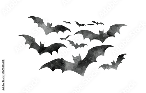 Halloween bats watercolor silhouette isolated on white background. Spooky group of bat hand drawn vector illustration