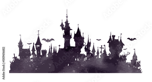 Halloween Castle watercolor silhouette isolated on white background. Haunted house ghost spooky watercolor painting vector illustration