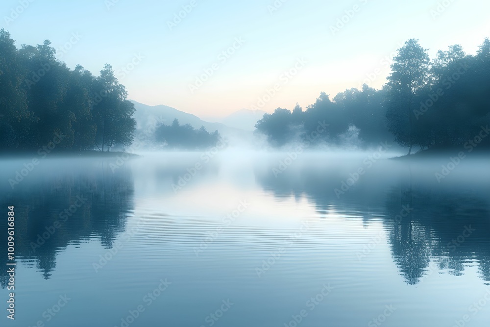 Serene morning mist over a tranquil lake surrounded by trees Serene morning mist over a tranquil lake surrounded by trees