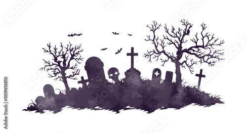 Halloween graveyard, trees and bats watercolor silhouette isolated on white background. Halloween background decoration vector illustration