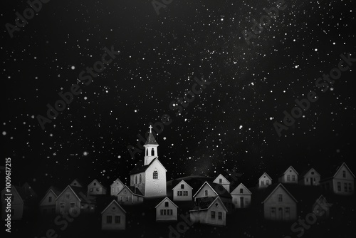 Minimalistic White Church Surrounded by Houses Under Starry Sky photo