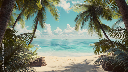 Vibrant Tropical Beach with Coconut Trees – A Lively Summer Vacation Scene