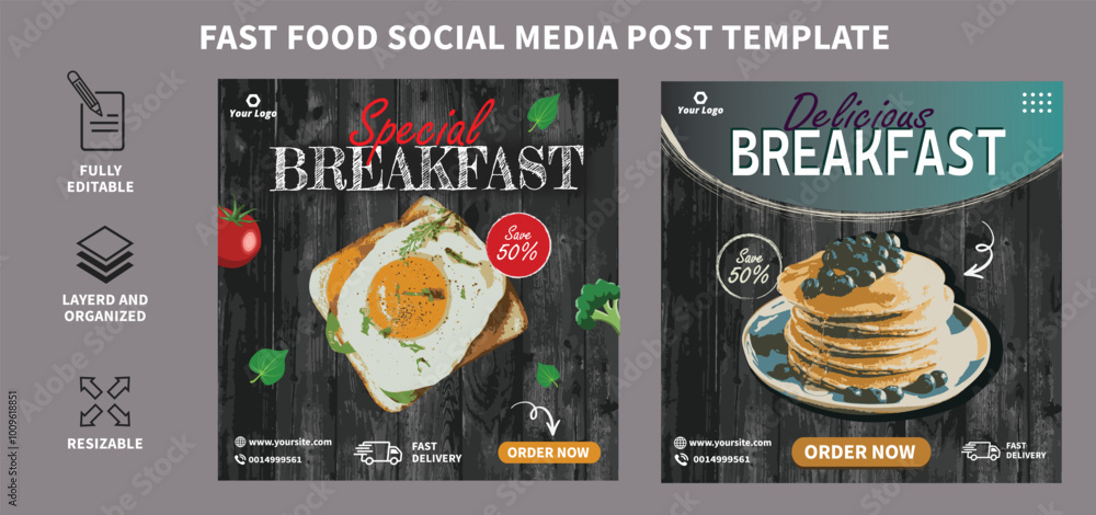 Obraz premium Breakfast restaurant business social media post or banner template design 